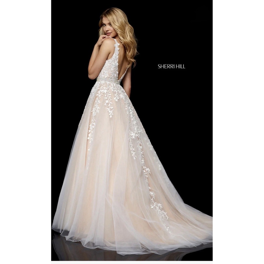 Sherri Hill 11335 Ivory/Nude Beaded Tulle A-Line Gown V-Neck Strappy 0